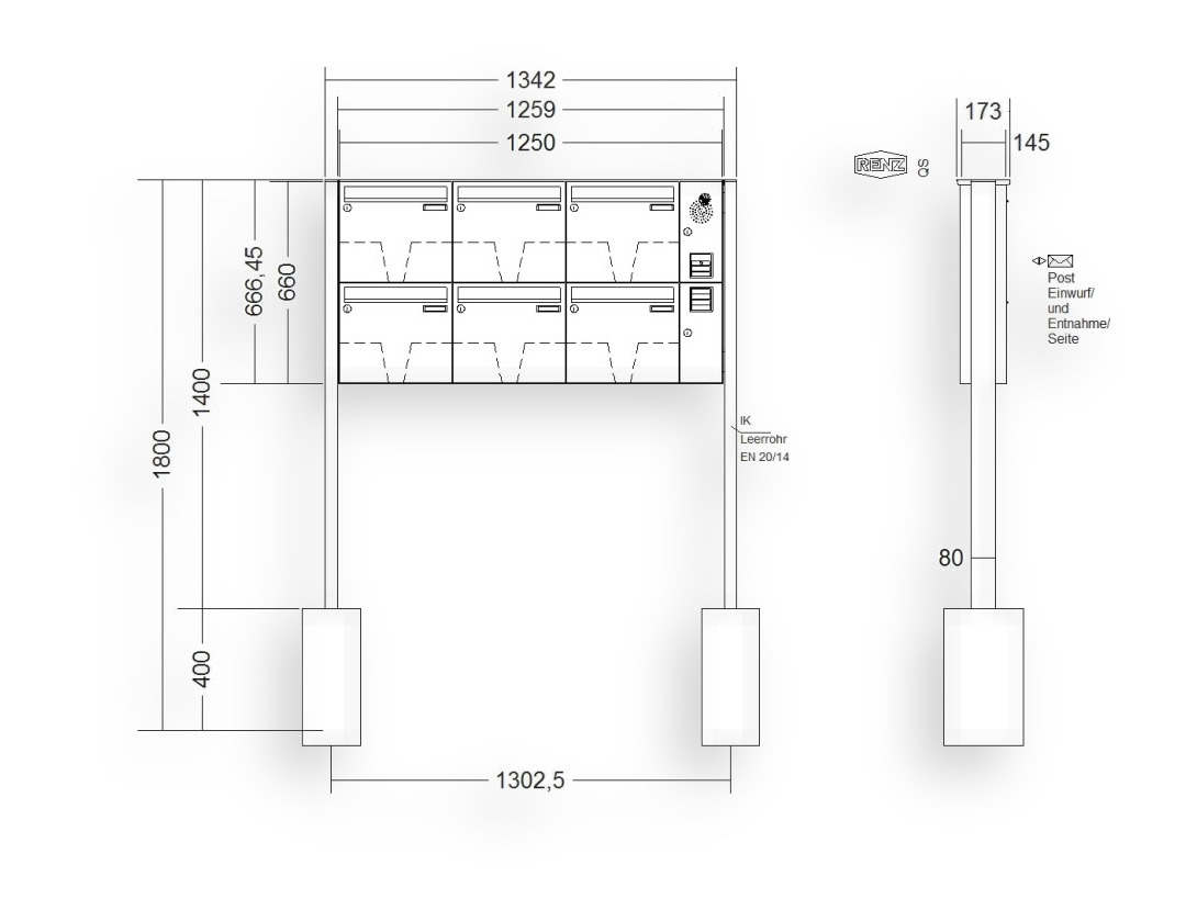 RENZ Briefkastenanlage freistehend · BASIC (B) · 6-teilig 370 × 330 × 145 mm FS. Typ B Installationskasten rechts Edel RENZ Briefkastenanlage freistehend · BASIC (B) · 6-teilig 370 × 330 × 145 mm FS. Typ B Installationskasten rechts