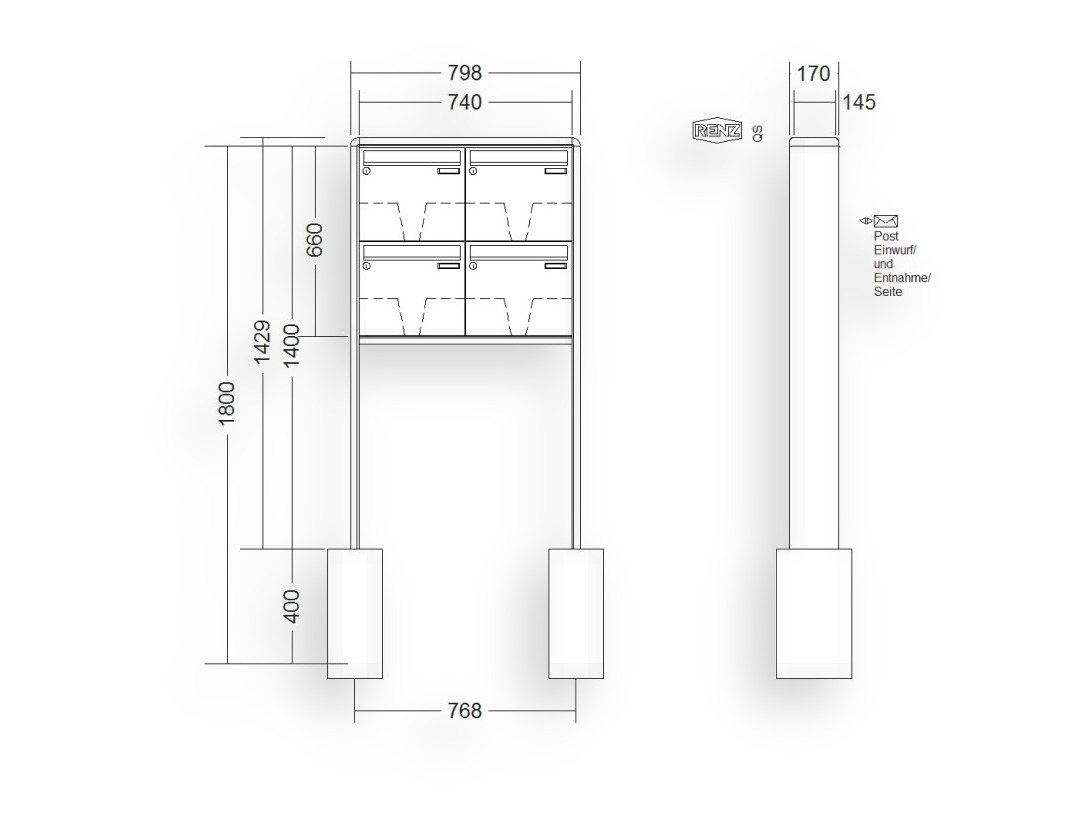 RENZ Briefkastenanlage freistehend · 4-teilig 370 × 330 × 145 mm RS 2000 lackiert RENZ Briefkastenanlage freistehend · 4-teilig 370 × 330 × 145 mm RS 2000 lackiert