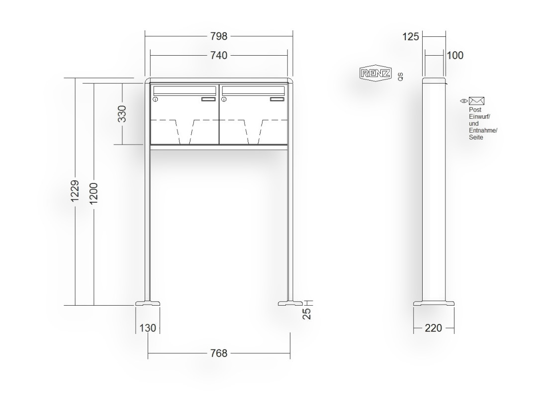 RENZ Briefkastenanlage freistehend · 2-teilig 370 × 330 × 100 mm RS 2000 lackiert mit Fußplatten RENZ Briefkastenanlage freistehend · 2-teilig 370 × 330 × 100 mm RS 2000 lackiert mit Fußplatten