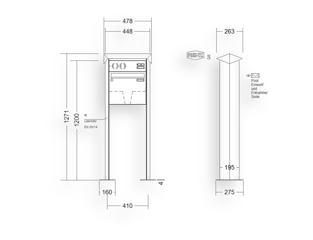 RENZ Briefkastenanlage freistehend · 1-teilig Installationskasten oben 370 × 330 × 145 mm Edelstahl Prisma mit Fuß RENZ Briefkastenanlage freistehend · 1-teilig Installationskasten oben 370 × 330 × 145 mm Edelstahl Prisma mit Fuß