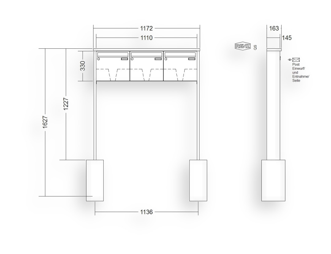 RENZ Briefkastenanlage freistehend · 3-teilig 370 × 330 × 145 mm Edelstahl Tetro RENZ Briefkastenanlage freistehend · 3-teilig 370 × 330 × 145 mm Edelstahl Tetro