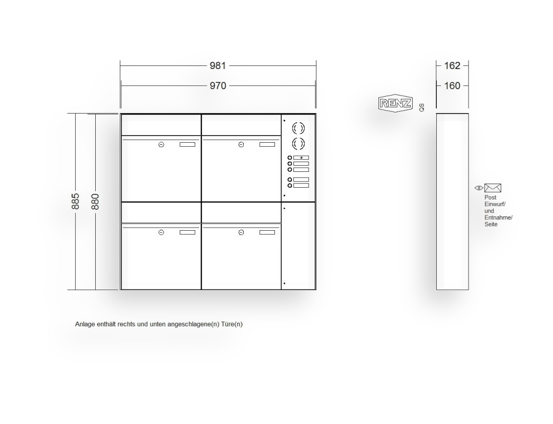 RENZ Briefkastenanlage Aufputz · 4-teilig RENZ PLAN 400 × 440 × 160 mm AP Installationskasten rechts lackiert RENZ Briefkastenanlage Aufputz · 4-teilig RENZ PLAN 400 × 440 × 160 mm AP Installationskasten rechts lackiert