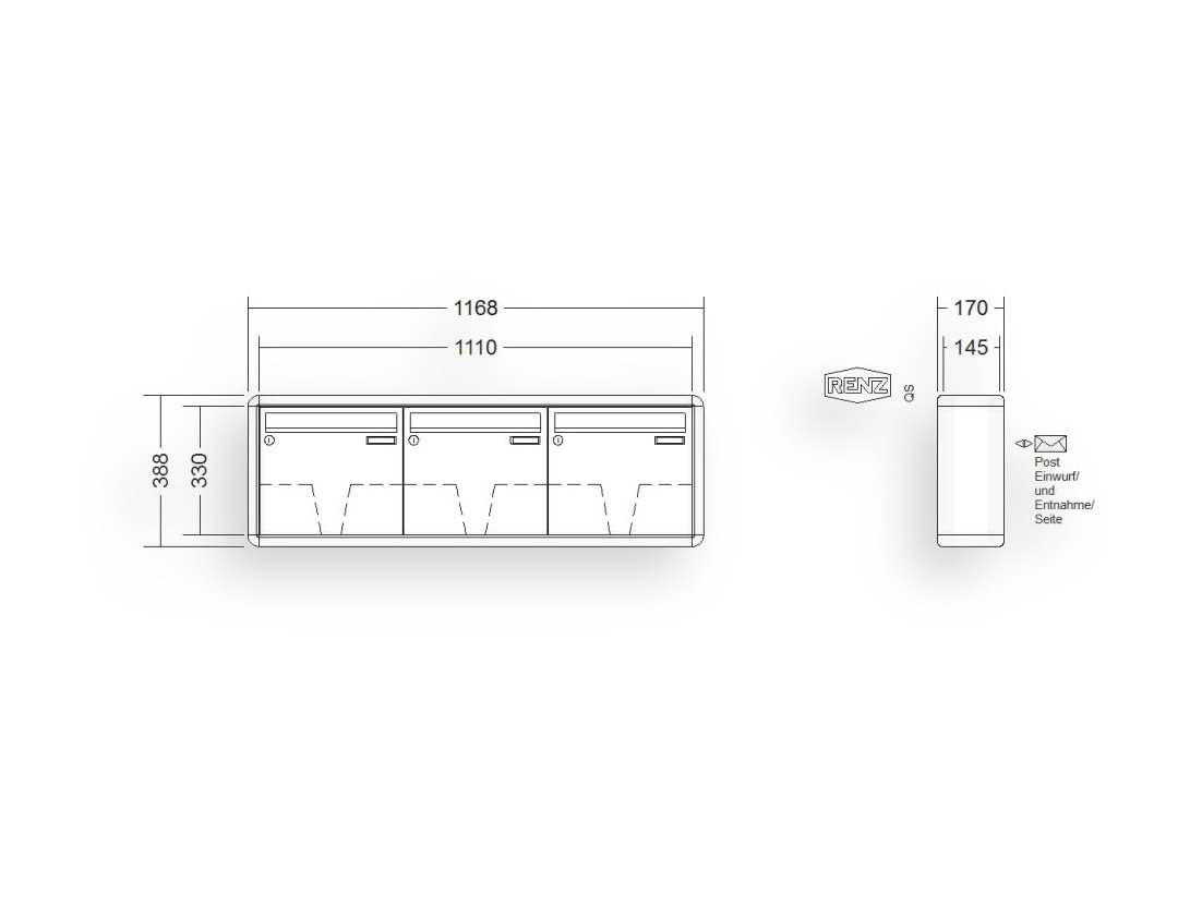 RENZ Briefkastenanlage Aufputz · 3-teilig 370 × 330 × 145 mm RS 2000 lackiert RENZ Briefkastenanlage Aufputz · 3-teilig 370 × 330 × 145 mm RS 2000 lackiert