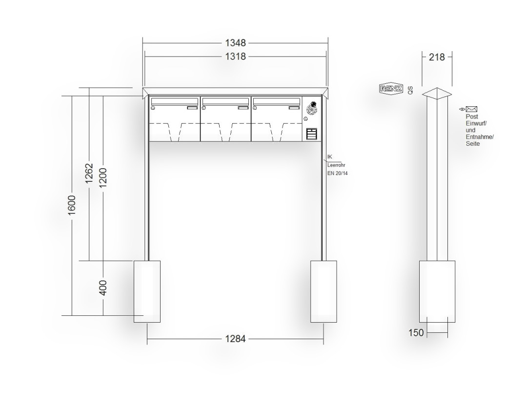 RENZ Briefkastenanlage freistehend · 3-teilig Installationskasten rechts 370 × 330 × 100 mm Prisma lackiert RENZ Briefkastenanlage freistehend · 3-teilig Installationskasten rechts 370 × 330 × 100 mm Prisma lackiert