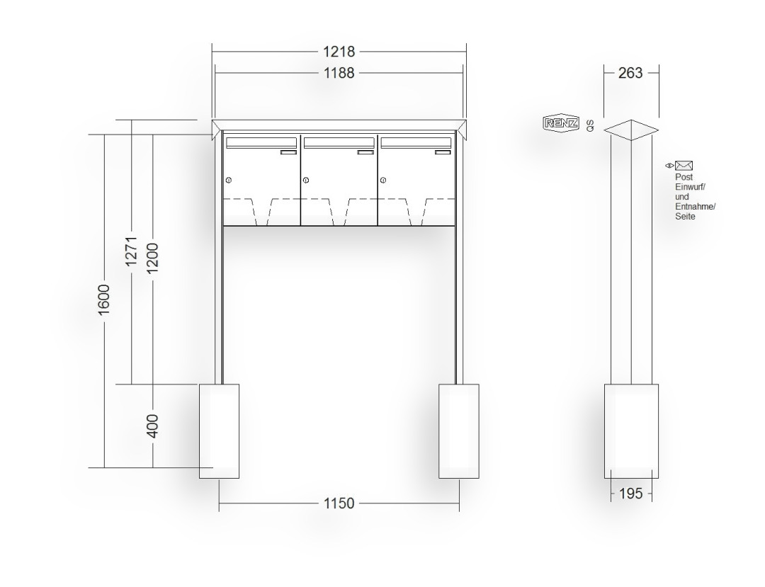 RENZ Briefkastenanlage freistehend · 3-teilig 370 × 440 × 145 mm Prisma lackiert RENZ Briefkastenanlage freistehend · 3-teilig 370 × 440 × 145 mm Prisma lackiert