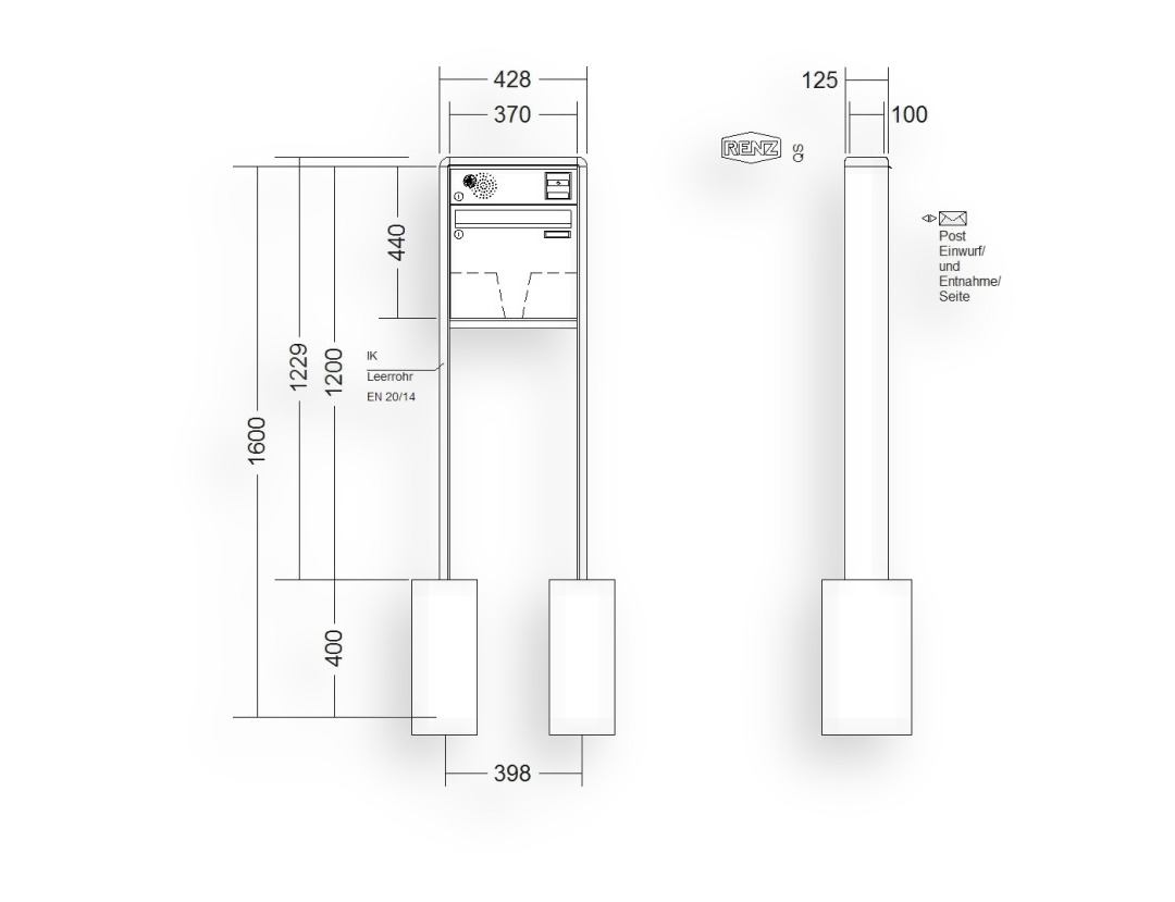 RENZ Briefkastenanlage freistehend · 1-teilig Installationskasten oben 370 × 330 × 100 mm RS 2000 lackiert RENZ Briefkastenanlage freistehend · 1-teilig Installationskasten oben 370 × 330 × 100 mm RS 2000 lackiert