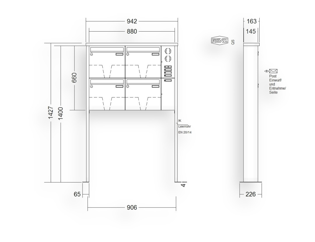 RENZ Briefkastenanlage freistehend · 4-teilig Installationskasten rechts 370 × 330 × 145 mm Edelstahl Tetro mit Fußplat RENZ Briefkastenanlage freistehend · 4-teilig Installationskasten rechts 370 × 330 × 145 mm Edelstahl Tetro mit Fu