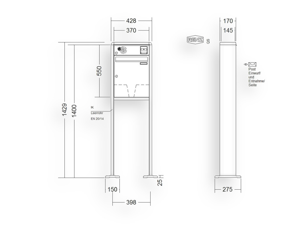 RENZ Briefkastenanlage freistehend · 1-teilig Installationskasten oben 370 × 440 × 145 mm RS 2000 lackiert mit Fuß RENZ Briefkastenanlage freistehend · 1-teilig Installationskasten oben 370 × 440 × 145 mm RS 2000 lackiert mit Fuß