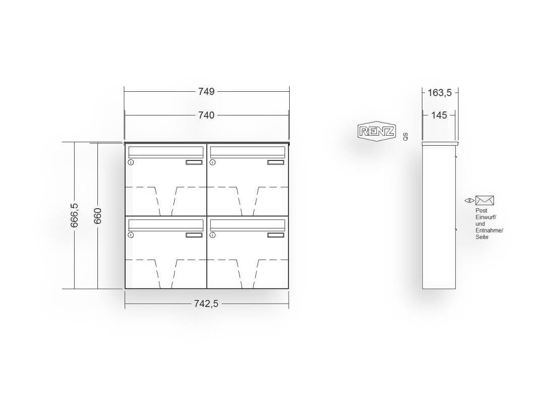 RENZ Briefkastenanlage Aufputz · BASIC (B) · 4-teilig 370 × 330 × 145 mm AP. Typ B lackiert RENZ Briefkastenanlage Aufputz · BASIC (B) · 4-teilig 370 × 330 × 145 mm AP. Typ B lackiert
