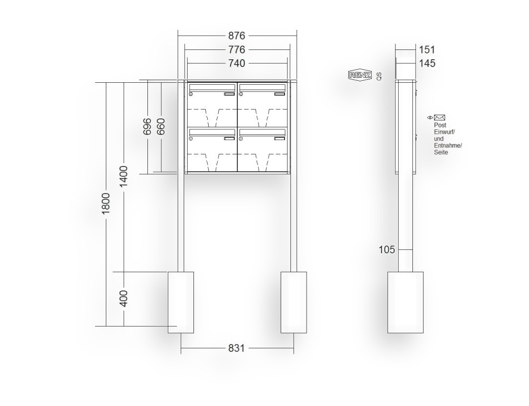 RENZ Briefkastenanlage freistehend · 4-teilig 370 × 330 × 145 mm QUADRA lackiert RENZ Briefkastenanlage freistehend · 4-teilig 370 × 330 × 145 mm QUADRA lackiert