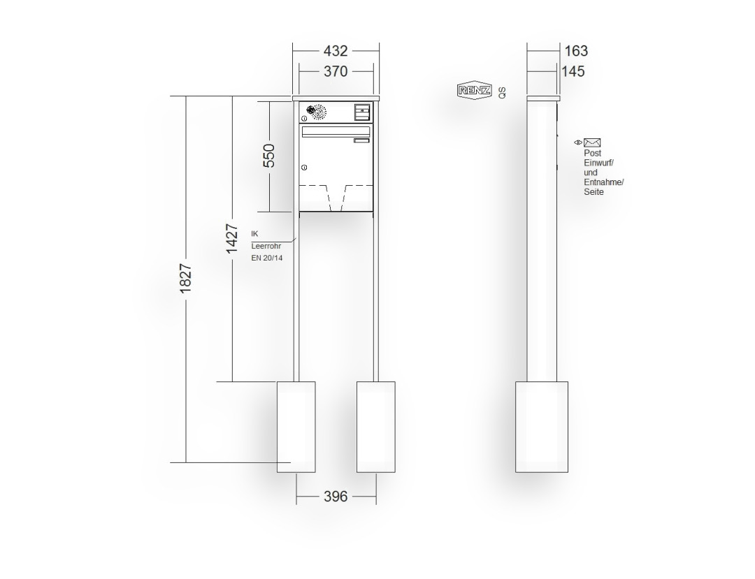 RENZ Briefkastenanlage freistehend · 1-teilig Installationskasten oben 370 × 440 × 145 mm Tetro lackiert RENZ Briefkastenanlage freistehend · 1-teilig Installationskasten oben 370 × 440 × 145 mm Tetro lackiert