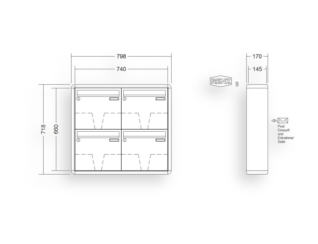 RENZ Briefkastenanlage Aufputz · 4-teilig 370 × 330 × 145 mm RS 2000 lackiert
