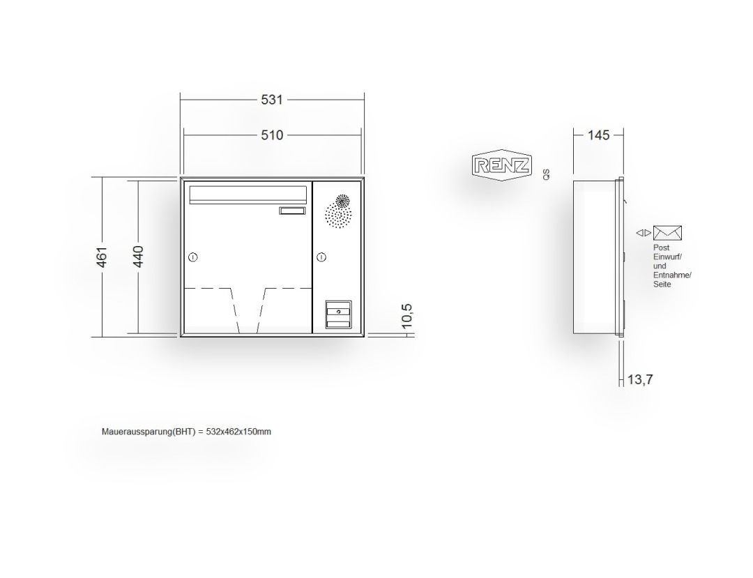 RENZ Briefkastenanlage Unterputz · Schattenfugenrahmen · 1-teilig Installationskasten rechts 370 × 440 × 145 mm RS50 Anp. Schatt. fu RENZ Briefkastenanlage Unterputz · Schattenfugenrahmen · 1-teilig Installationskasten rechts 370 × 440 × 145 mm RS