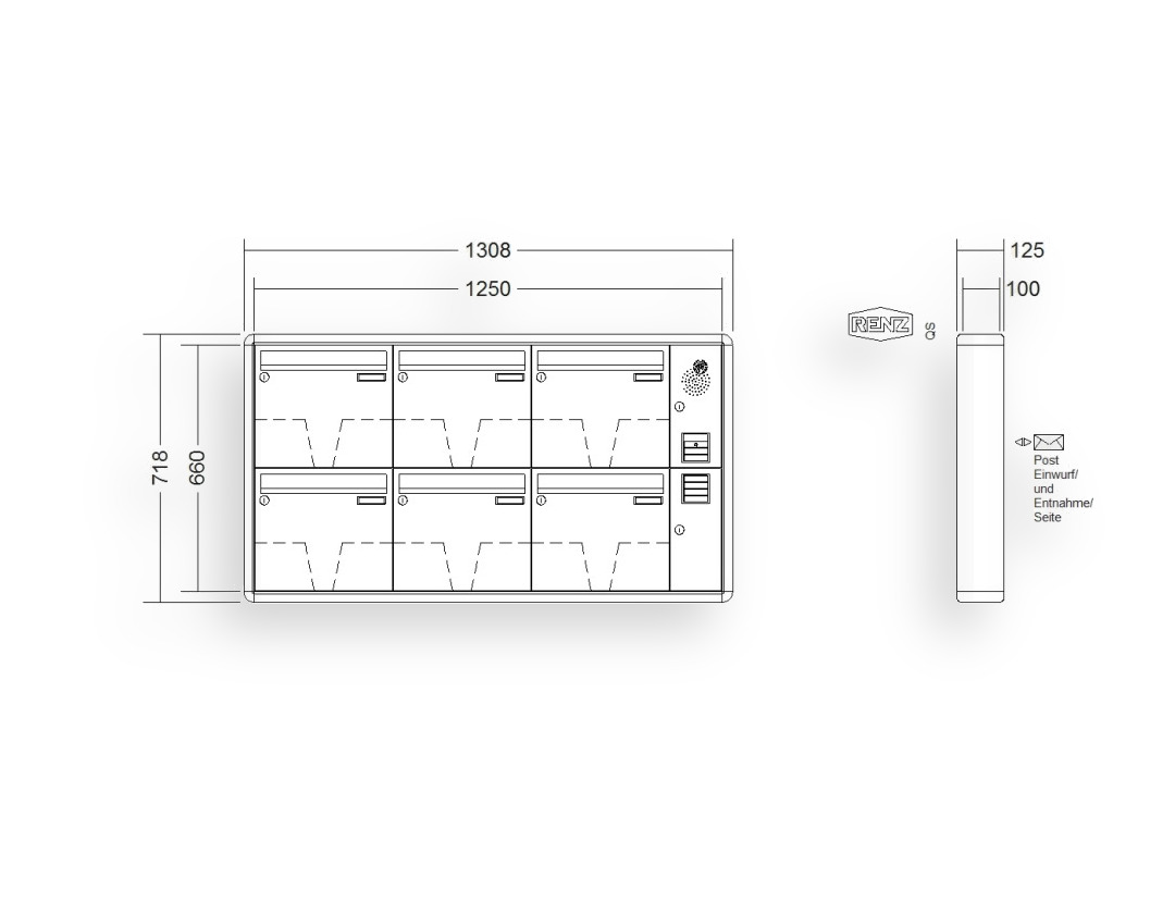 RENZ Briefkastenanlage Aufputz · 6-teilig Installationskasten rechts 370 × 330 × 100 mm RS 2000 lackiert RENZ Briefkastenanlage Aufputz · 6-teilig Installationskasten rechts 370 × 330 × 100 mm RS 2000 lackiert