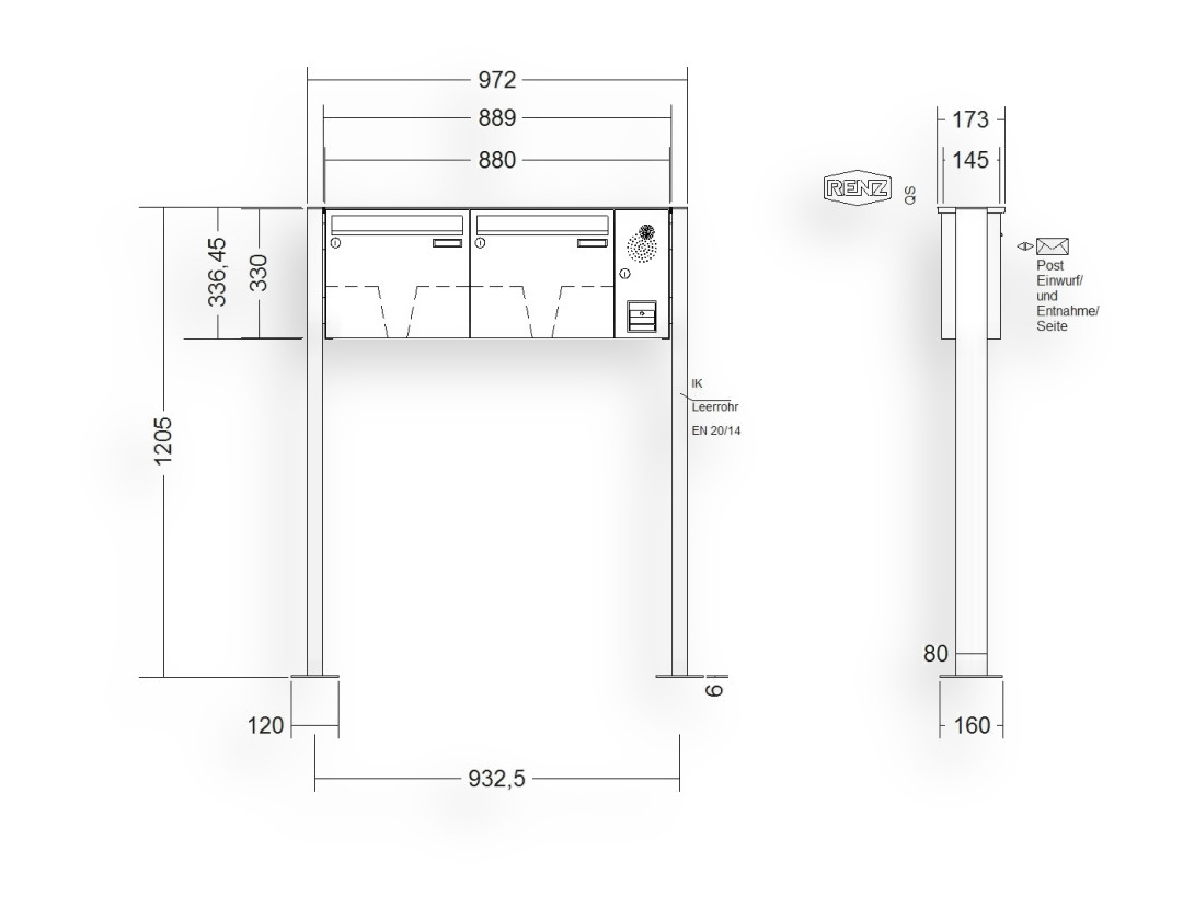 RENZ Briefkastenanlage freistehend · BASIC (B) · 2-teilig 370 × 330 × 145 mm FS. Typ B Installationskasten rechts Edel. mit F RENZ Briefkastenanlage freistehend · BASIC (B) · 2-teilig 370 × 330 × 145 mm FS. Typ B Installationskasten rechts