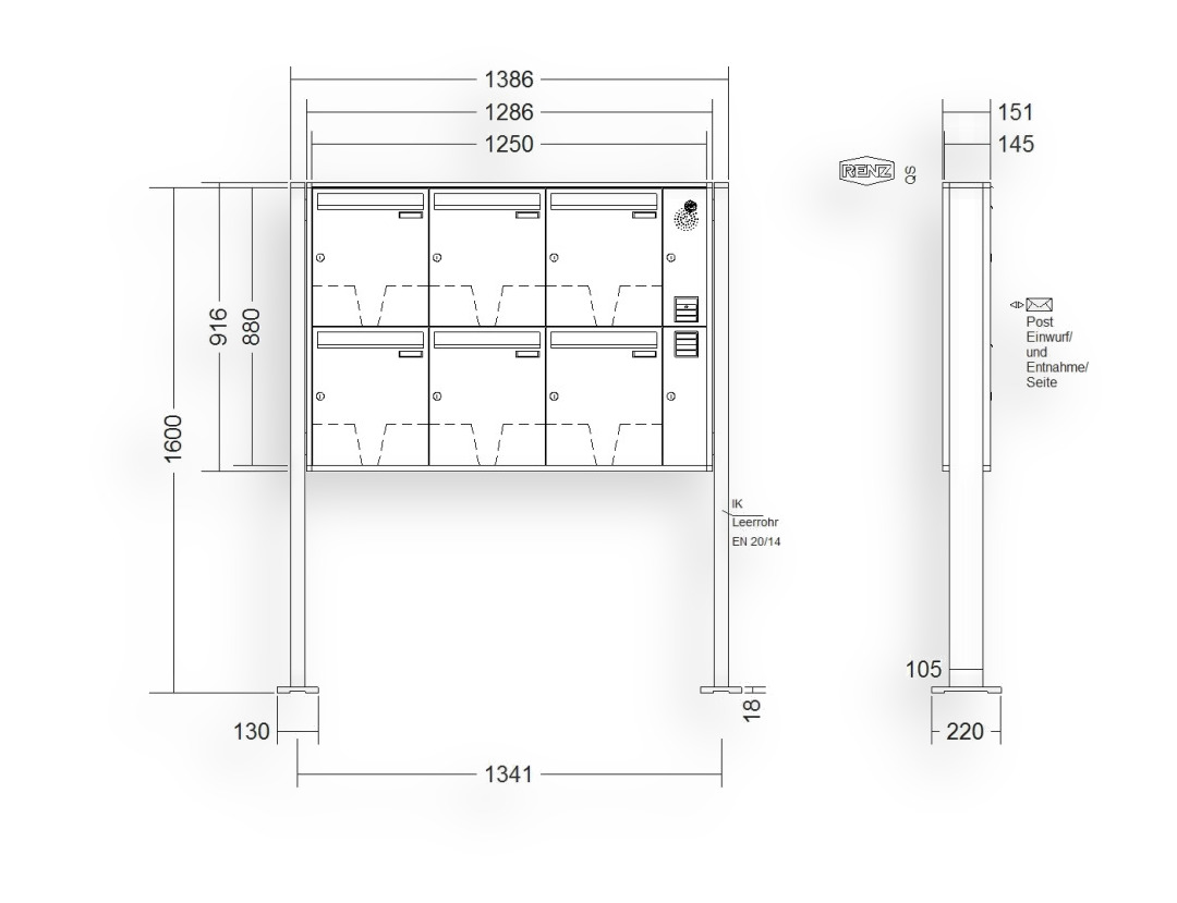 RENZ Briefkastenanlage freistehend · 6-teilig Installationskasten rechts 370 × 440 × 145 mm QUADRA lackiert mit Fuß RENZ Briefkastenanlage freistehend · 6-teilig Installationskasten rechts 370 × 440 × 145 mm QUADRA lackiert mit Fuß