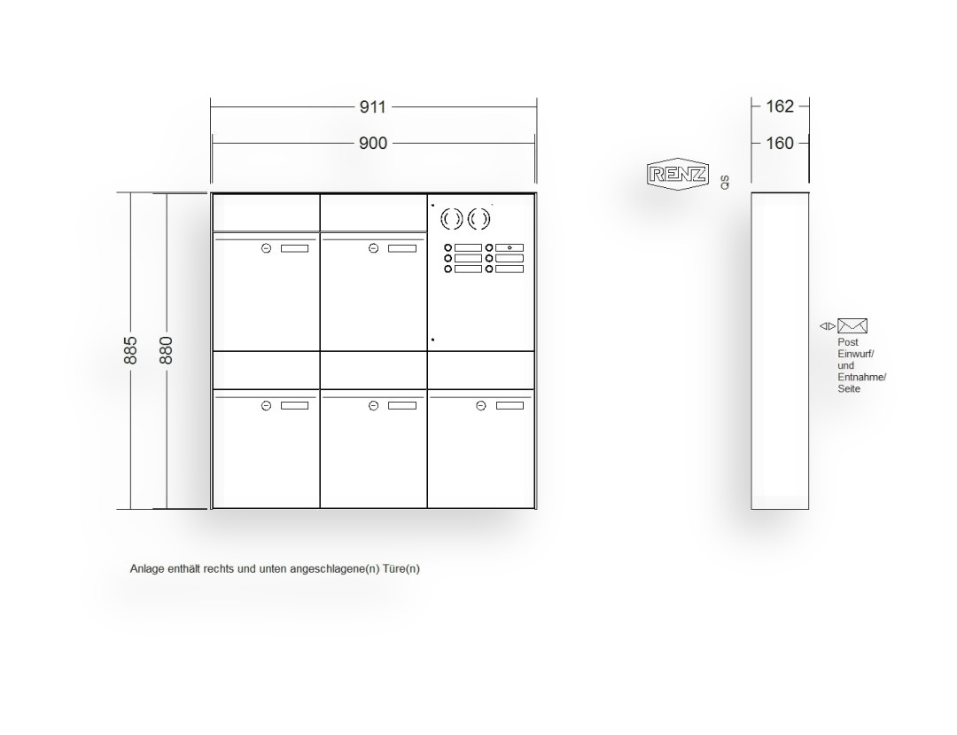 RENZ Briefkastenanlage Aufputz · 5-teilig RENZ PLAN 300 × 440 × 160 mm AP Installationskasten rechts Edel