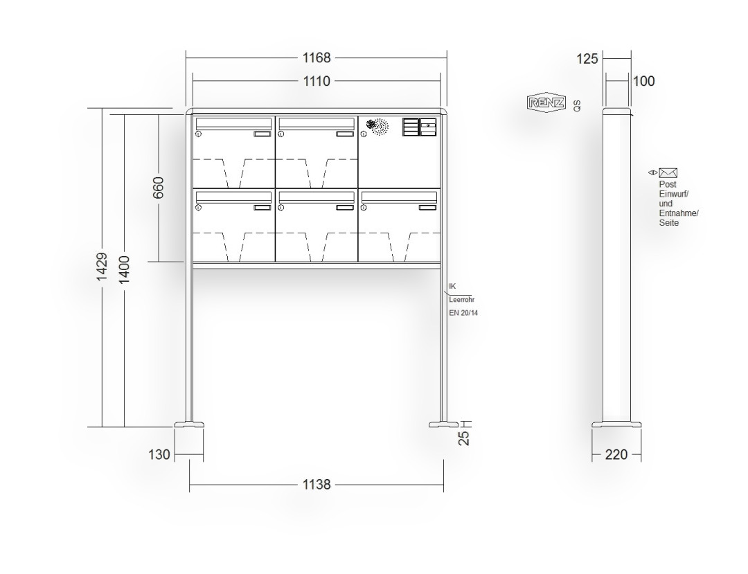 RENZ Briefkastenanlage freistehend · 5-teilig Installationskasten rechts 370 × 330 × 100 mm RS 2000 lackiert mit Fuß RENZ Briefkastenanlage freistehend · 5-teilig Installationskasten rechts 370 × 330 × 100 mm RS 2000 lackiert mit F