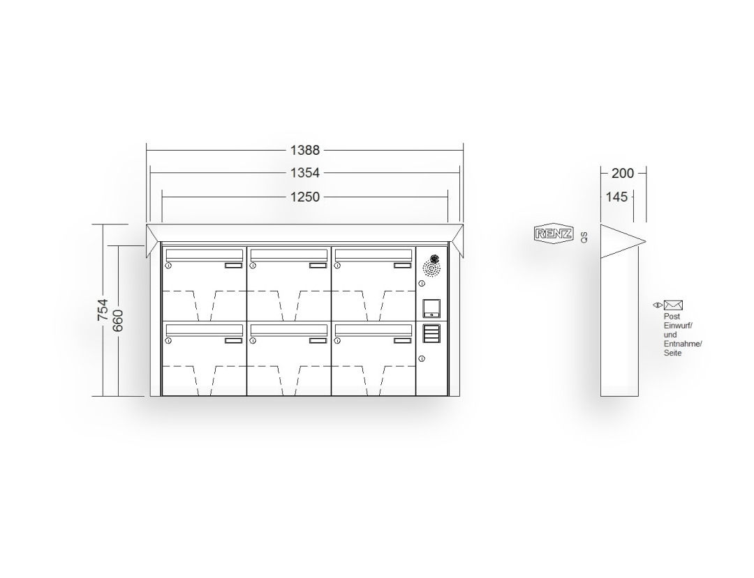RENZ Briefkastenanlage Aufputz · 6-teilig Installationskasten rechts 370 × 330 × 145 mm Prisma lackiert RENZ Briefkastenanlage Aufputz · 6-teilig Installationskasten rechts 370 × 330 × 145 mm Prisma lackiert