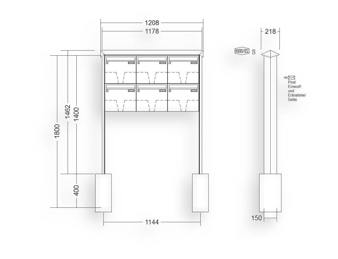 RENZ Briefkastenanlage freistehend · 6-teilig 370 × 330 × 100 mm Edelstahl Prisma RENZ Briefkastenanlage freistehend · 6-teilig 370 × 330 × 100 mm Edelstahl Prisma