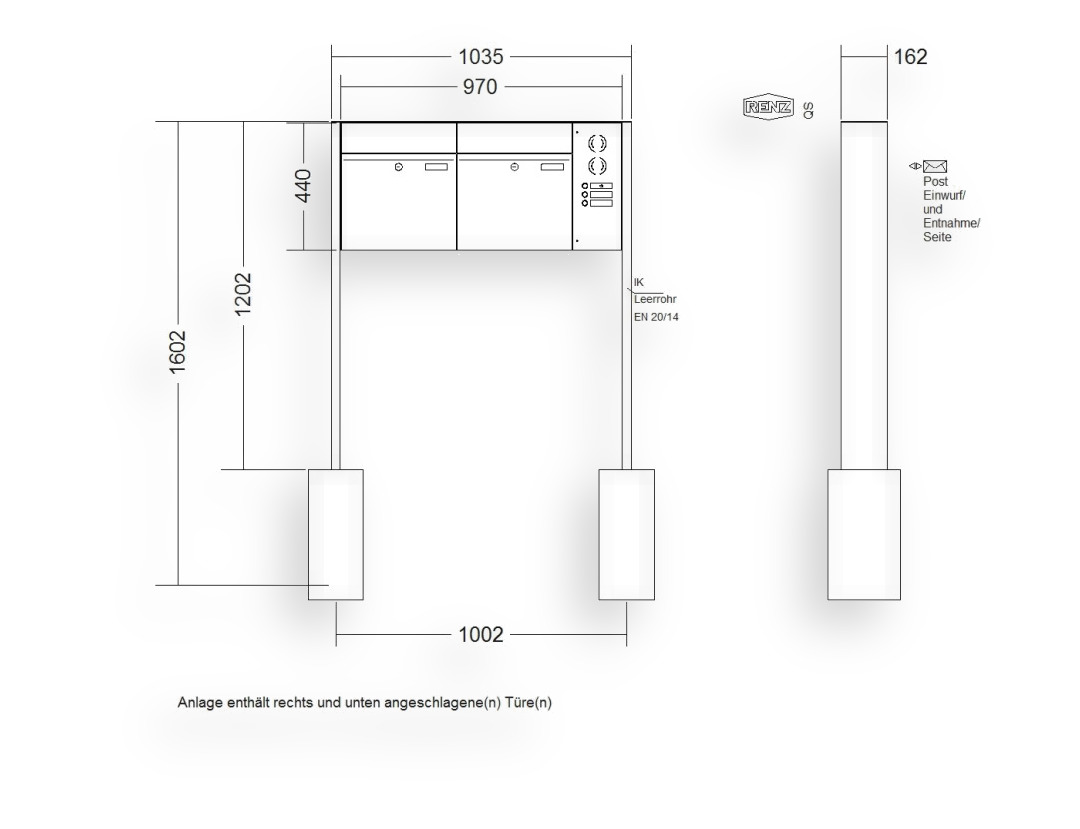 RENZ Briefkastenanlage freistehend · 2-teilig RENZ PLAN 400 × 440 × 160 mm FS Installationskasten rechts lackiert
