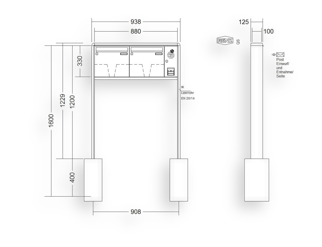 RENZ Briefkastenanlage freistehend · 2-teilig Installationskasten rechts 370 × 330 × 100 mm RS 2000 lackiert RENZ Briefkastenanlage freistehend · 2-teilig Installationskasten rechts 370 × 330 × 100 mm RS 2000 lackiert