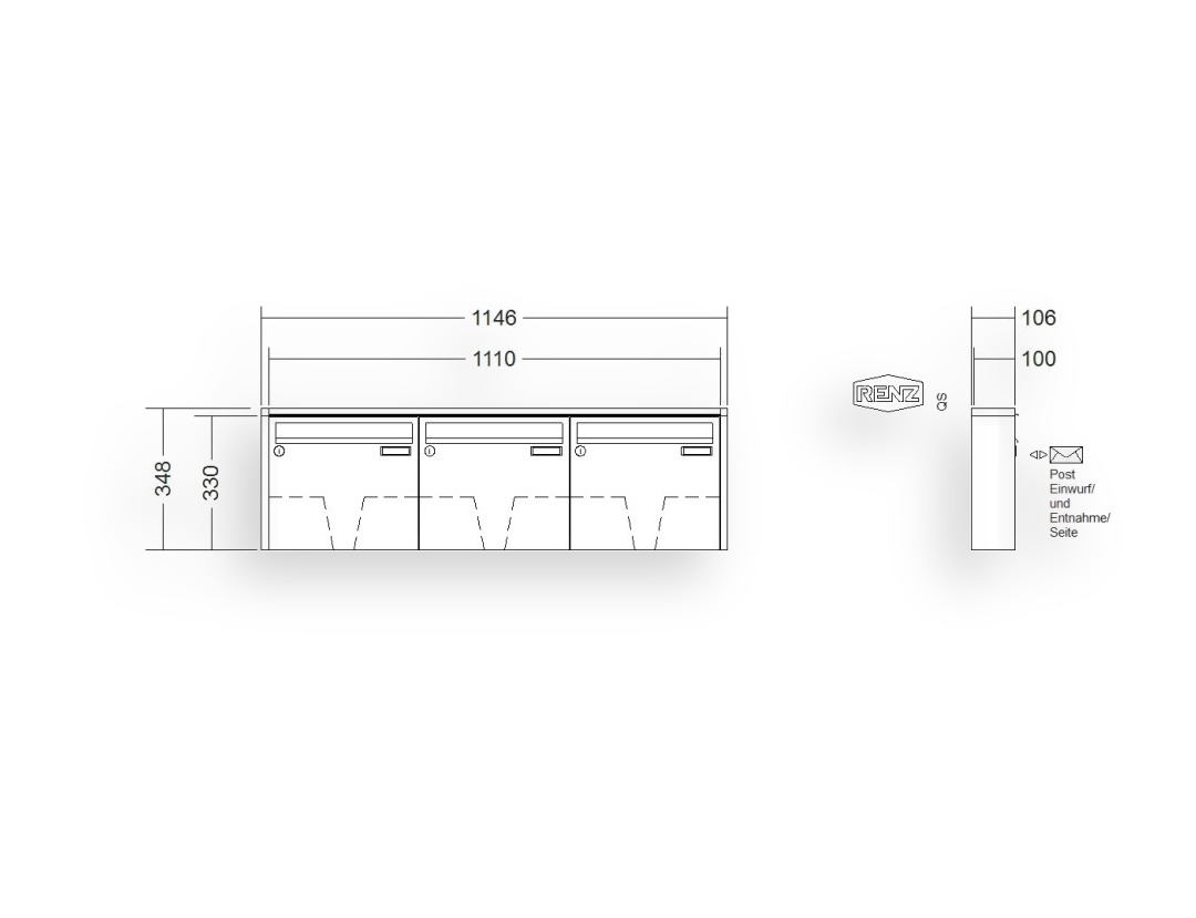 RENZ Briefkastenanlage Aufputz · 3-teilig 370 × 330 × 100 mm QUADRA lackiert RENZ Briefkastenanlage Aufputz · 3-teilig 370 × 330 × 100 mm QUADRA lackiert