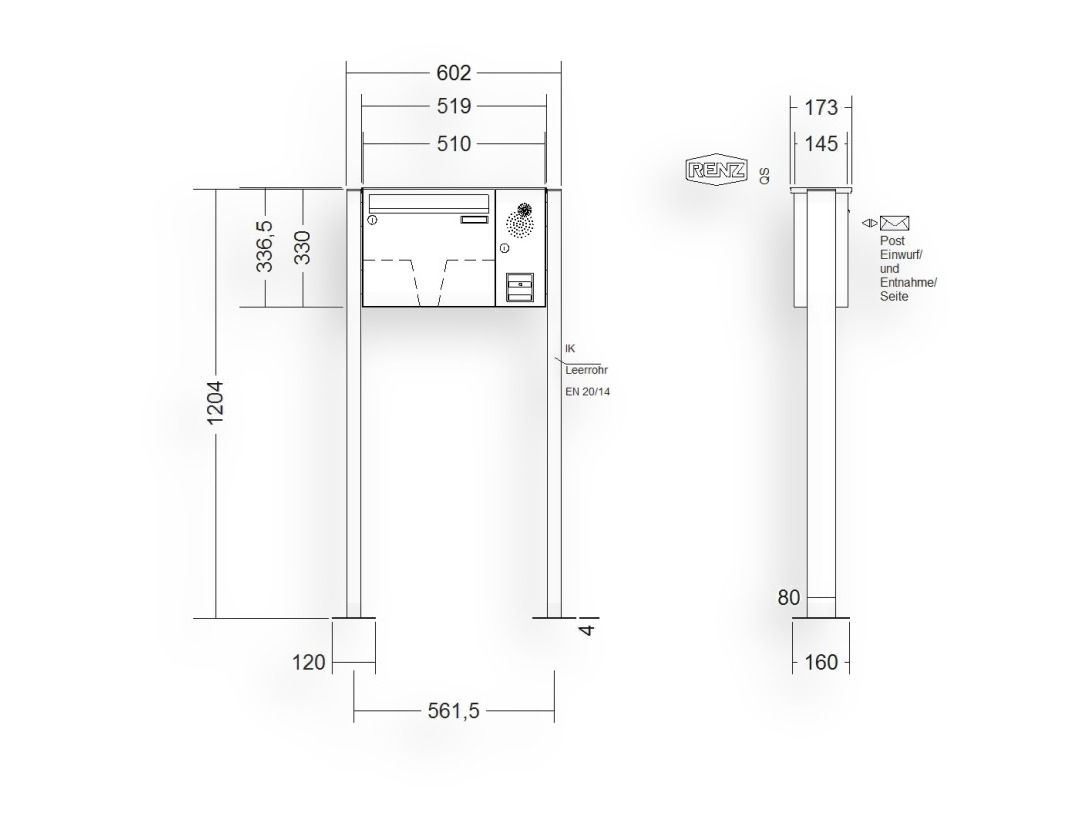 RENZ Briefkastenanlage freistehend · BASIC (B) · 1-teilig 370 × 330 × 145 mm FS. Typ B Installationskasten rechts lackiert mit F RENZ Briefkastenanlage freistehend · BASIC (B) · 1-teilig 370 × 330 × 145 mm FS. Typ B Installationskasten rechts