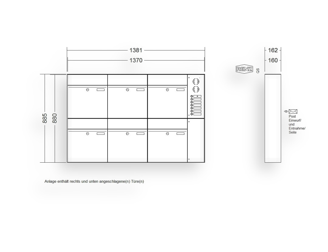 RENZ Briefkastenanlage Aufputz · 6-teilig RENZ PLAN 400 × 440 × 160 mm AP Installationskasten rechts lackiert