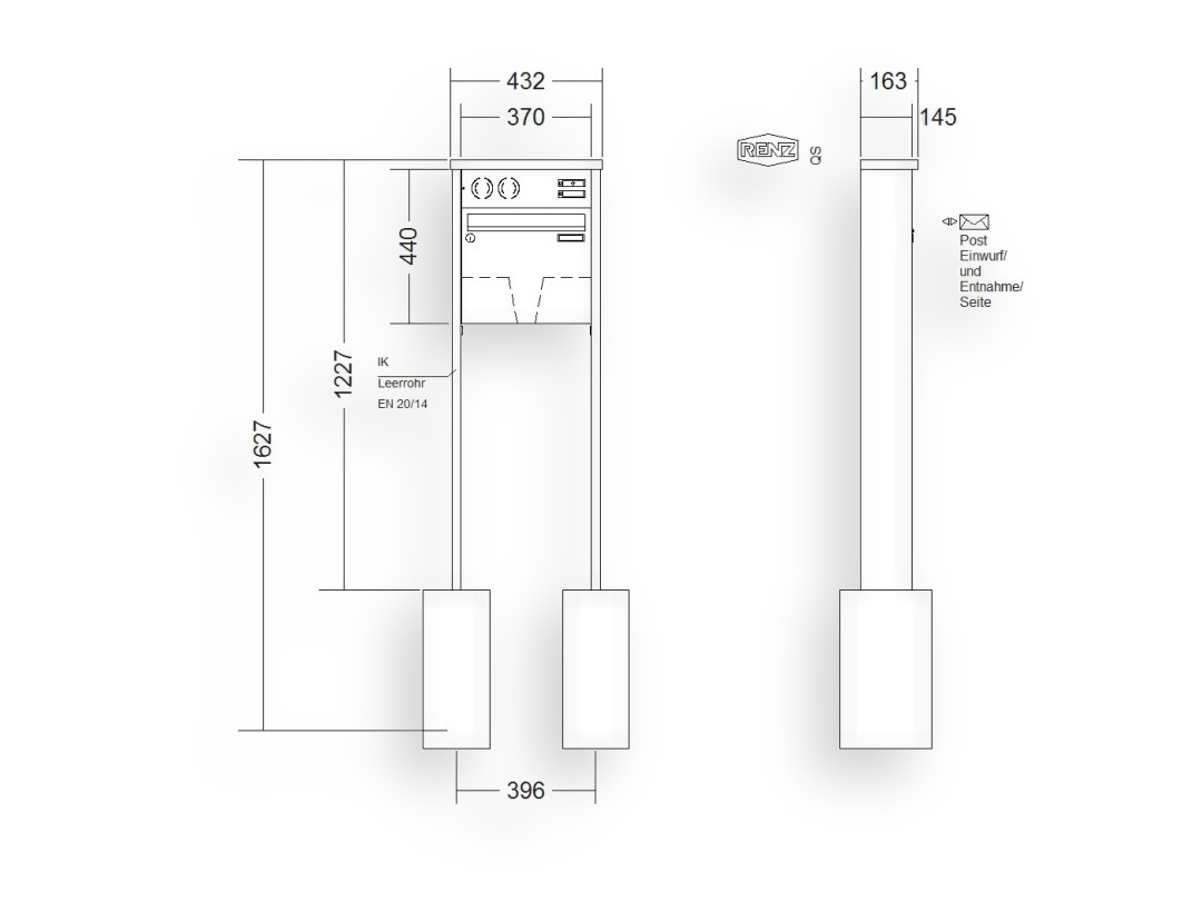 RENZ Briefkastenanlage freistehend · 1-teilig Installationskasten oben 370 × 330 × 145 mm Edelstahl Tetro