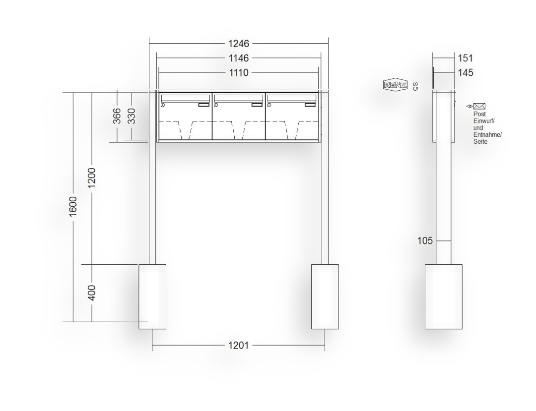 RENZ Briefkastenanlage freistehend · 3-teilig 370 × 330 × 145 mm QUADRA lackiert