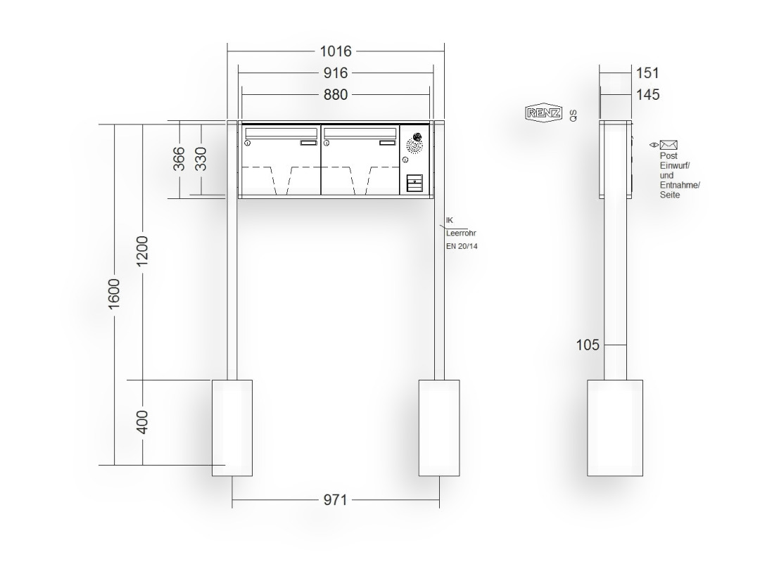 RENZ Briefkastenanlage freistehend · 2-teilig Installationskasten rechts 370 × 330 × 145 mm QUADRA lackiert RENZ Briefkastenanlage freistehend · 2-teilig Installationskasten rechts 370 × 330 × 145 mm QUADRA lackiert