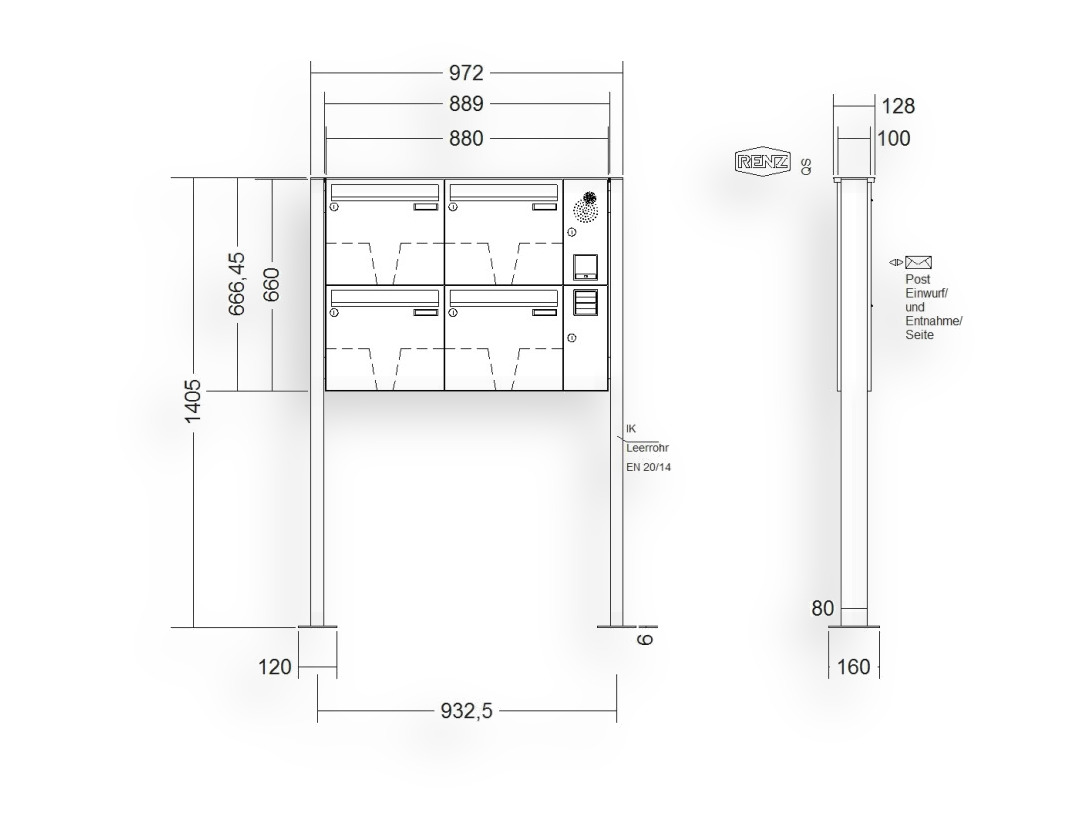 RENZ Briefkastenanlage freistehend · BASIC (B) · 4-teilig 370 × 330 × 100 mm FS. Typ B Installationskasten rechts Edel. mit Fu RENZ Briefkastenanlage freistehend · BASIC (B) · 4-teilig 370 × 330 × 100 mm FS. Typ B Installationskasten rechts