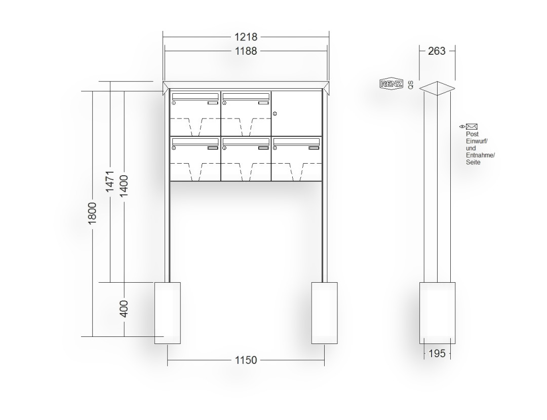 RENZ Briefkastenanlage freistehend · 5-teilig 370 × 330 × 145 mm Prisma lackiert RENZ Briefkastenanlage freistehend · 5-teilig 370 × 330 × 145 mm Prisma lackiert