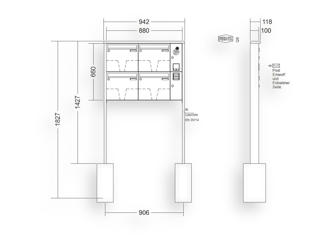 RENZ Briefkastenanlage freistehend · 4-teilig Installationskasten rechts 370 × 330 × 100 mm Tetro lackiert RENZ Briefkastenanlage freistehend · 4-teilig Installationskasten rechts 370 × 330 × 100 mm Tetro lackiert
