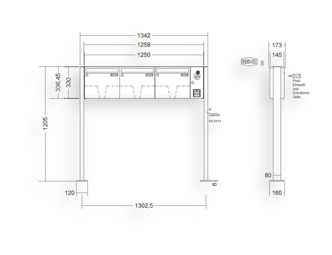 RENZ Briefkastenanlage freistehend · BASIC (B) · 3-teilig 370 × 330 × 145 mm FS. Typ B Installationskasten rechts Edel. mit F RENZ Briefkastenanlage freistehend · BASIC (B) · 3-teilig 370 × 330 × 145 mm FS. Typ B Installationskasten rechts