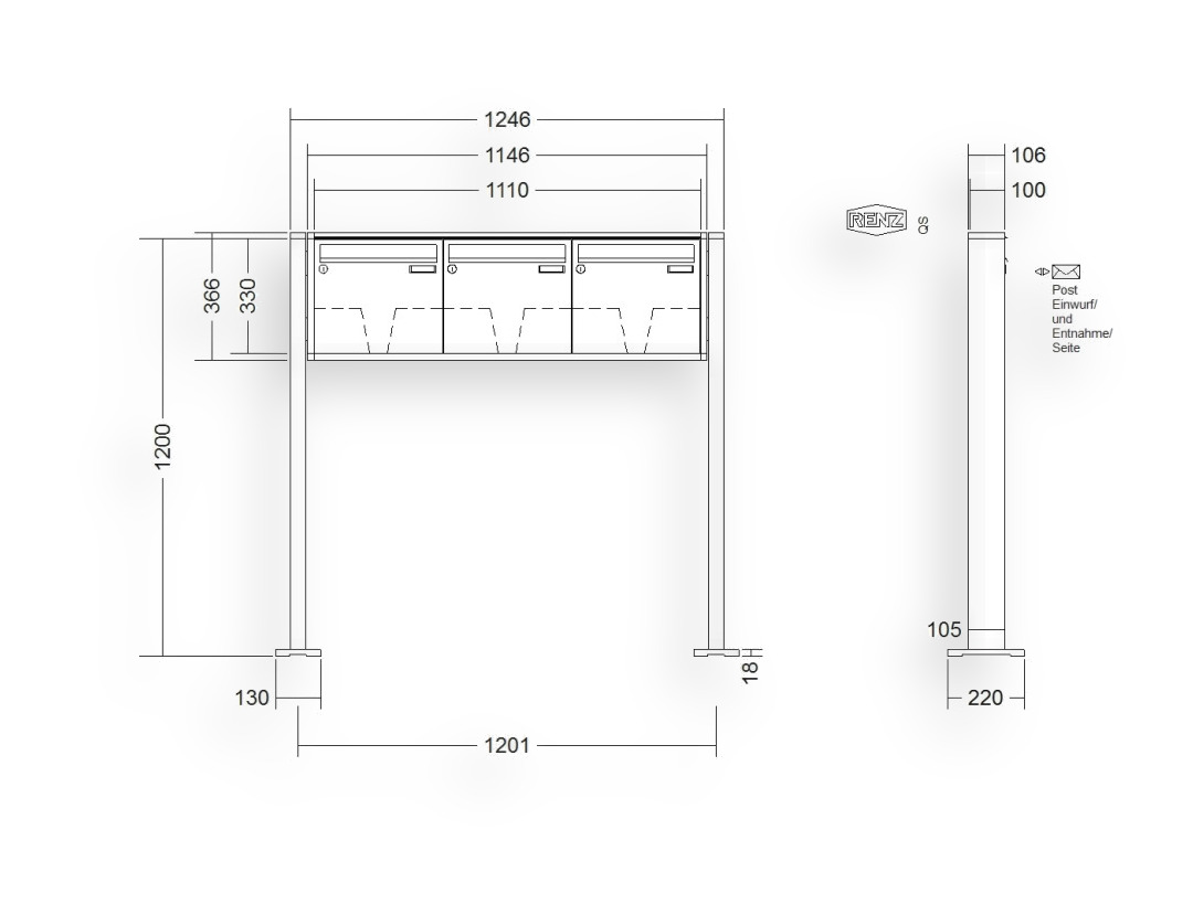 RENZ Briefkastenanlage freistehend · 3-teilig 370 × 330 × 100 mm QUADRA lackiert mit Fußplatten