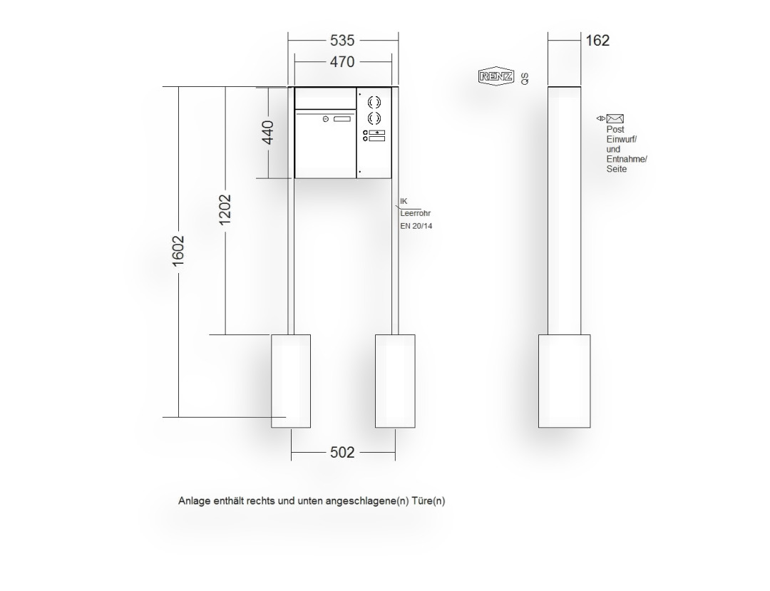 RENZ Briefkastenanlage freistehend · 1-teilig RENZ PLAN 300 × 440 × 160 mm FS Installationskasten rechts Edelstah RENZ Briefkastenanlage freistehend · 1-teilig RENZ PLAN 300 × 440 × 160 mm FS Installationskasten rechts Edelstah