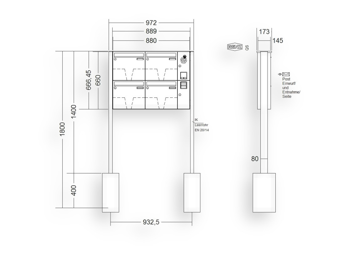 RENZ Briefkastenanlage freistehend · BASIC (B) · 4-teilig 370 × 330 × 145 mm FS. Typ B Installationskasten rechts Edel RENZ Briefkastenanlage freistehend · BASIC (B) · 4-teilig 370 × 330 × 145 mm FS. Typ B Installationskasten rechts