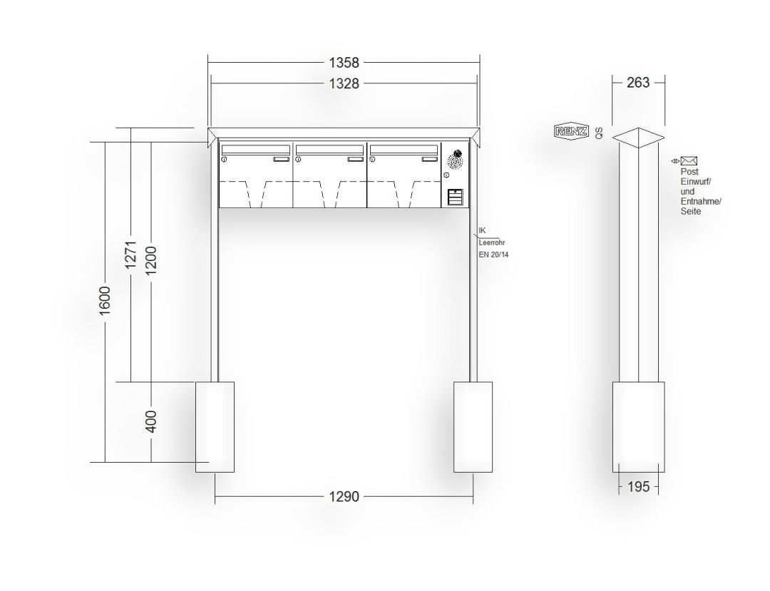 RENZ Briefkastenanlage freistehend · 3-teilig Installationskasten rechts 370 × 330 × 145 mm Prisma lackiert RENZ Briefkastenanlage freistehend · 3-teilig Installationskasten rechts 370 × 330 × 145 mm Prisma lackiert