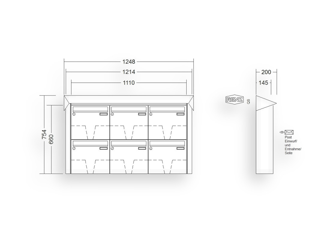 RENZ Briefkastenanlage Aufputz · 6-teilig 370 × 330 × 145 mm Edelstahl Prisma RENZ Briefkastenanlage Aufputz · 6-teilig 370 × 330 × 145 mm Edelstahl Prisma