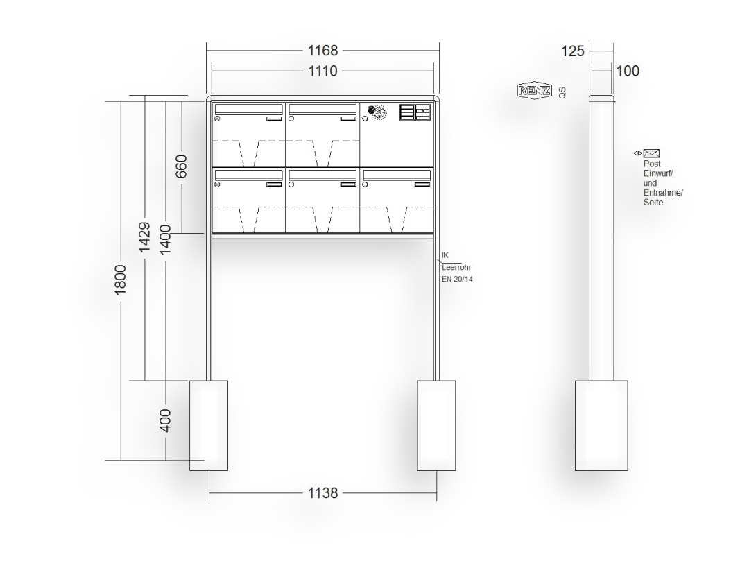 RENZ Briefkastenanlage freistehend · 5-teilig Installationskasten rechts 370 × 330 × 100 mm RS 2000 lackiert RENZ Briefkastenanlage freistehend · 5-teilig Installationskasten rechts 370 × 330 × 100 mm RS 2000 lackiert