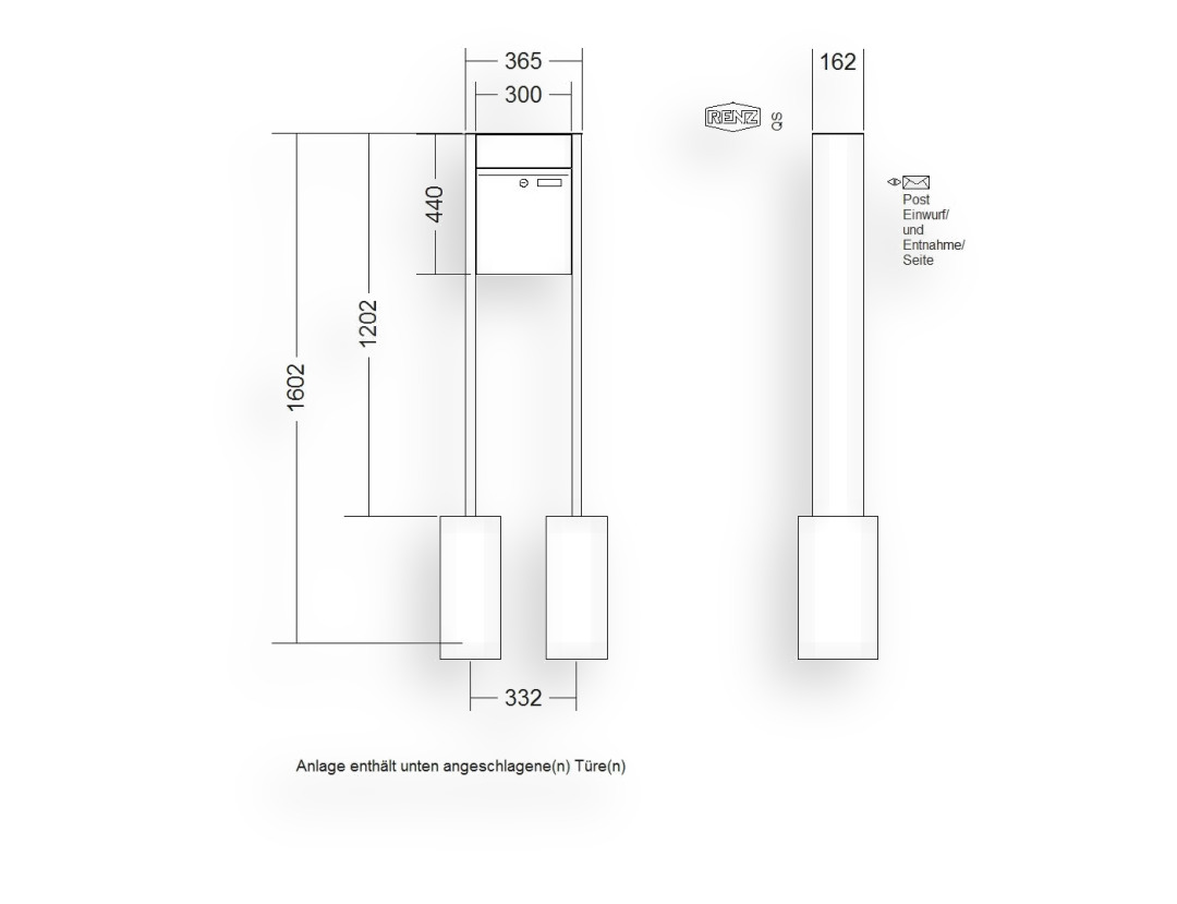 RENZ Briefkastenanlage freistehend · 1-teilig RENZ PLAN 300 × 440 × 160 mm FS Edelstahl RENZ Briefkastenanlage freistehend · 1-teilig RENZ PLAN 300 × 440 × 160 mm FS Edelstahl