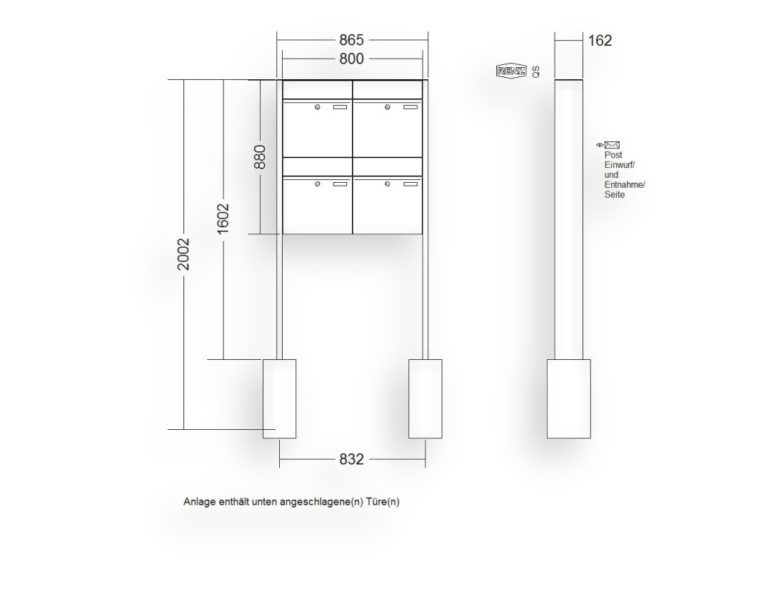 RENZ Briefkastenanlage freistehend · 4-teilig RENZ PLAN 400 × 440 × 160 mm FS Edelstahl RENZ Briefkastenanlage freistehend · 4-teilig RENZ PLAN 400 × 440 × 160 mm FS Edelstahl