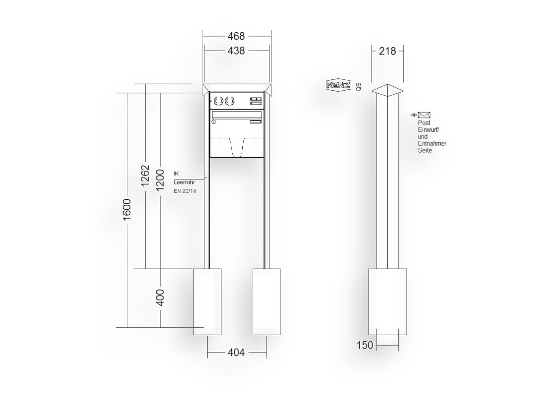 RENZ Briefkastenanlage freistehend · 1-teilig Installationskasten oben 370 × 330 × 100 mm Edelstahl Prisma RENZ Briefkastenanlage freistehend · 1-teilig Installationskasten oben 370 × 330 × 100 mm Edelstahl Prisma