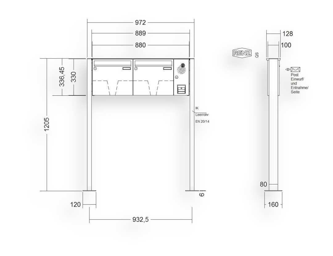 RENZ Briefkastenanlage freistehend · BASIC (B) · 2-teilig 370 × 330 × 100 mm FS. Typ B Installationskasten rechts