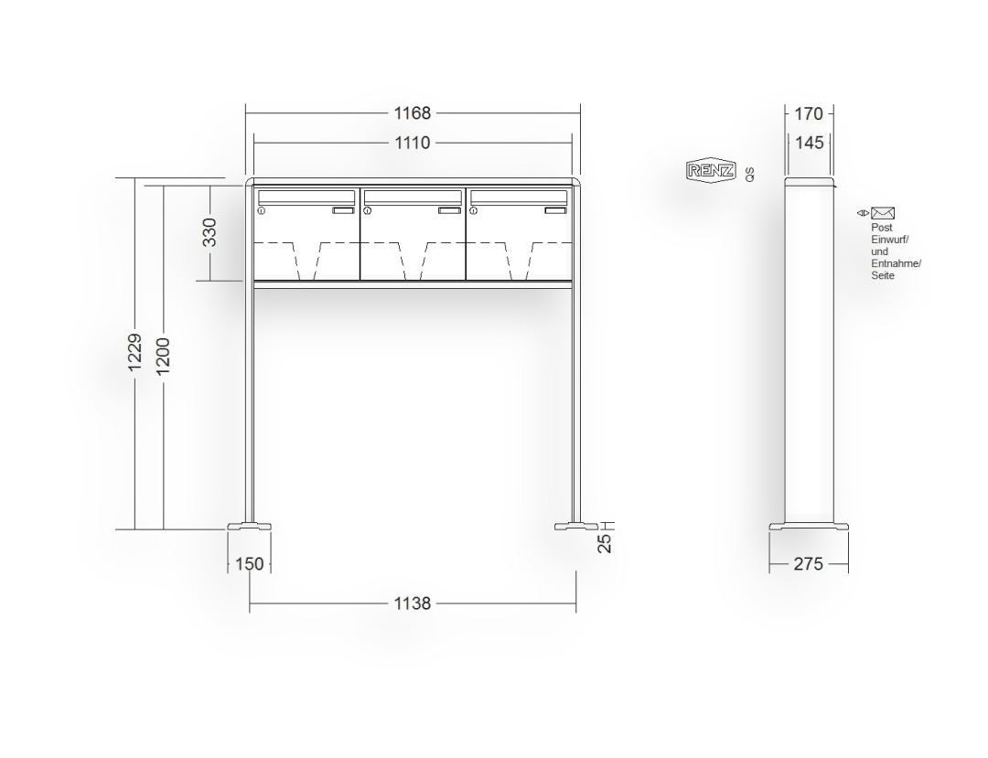 RENZ Briefkastenanlage freistehend · 3-teilig 370 × 330 × 145 mm RS 2000 lackiert mit Fußplatten RENZ Briefkastenanlage freistehend · 3-teilig 370 × 330 × 145 mm RS 2000 lackiert mit Fußplatten