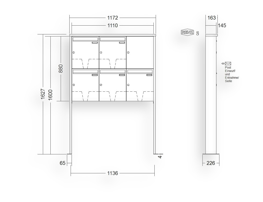 RENZ Briefkastenanlage freistehend · 5-teilig 370 × 440 × 145 mm Edelstahl Tetro mit Fußplatten RENZ Briefkastenanlage freistehend · 5-teilig 370 × 440 × 145 mm Edelstahl Tetro mit Fußplatten