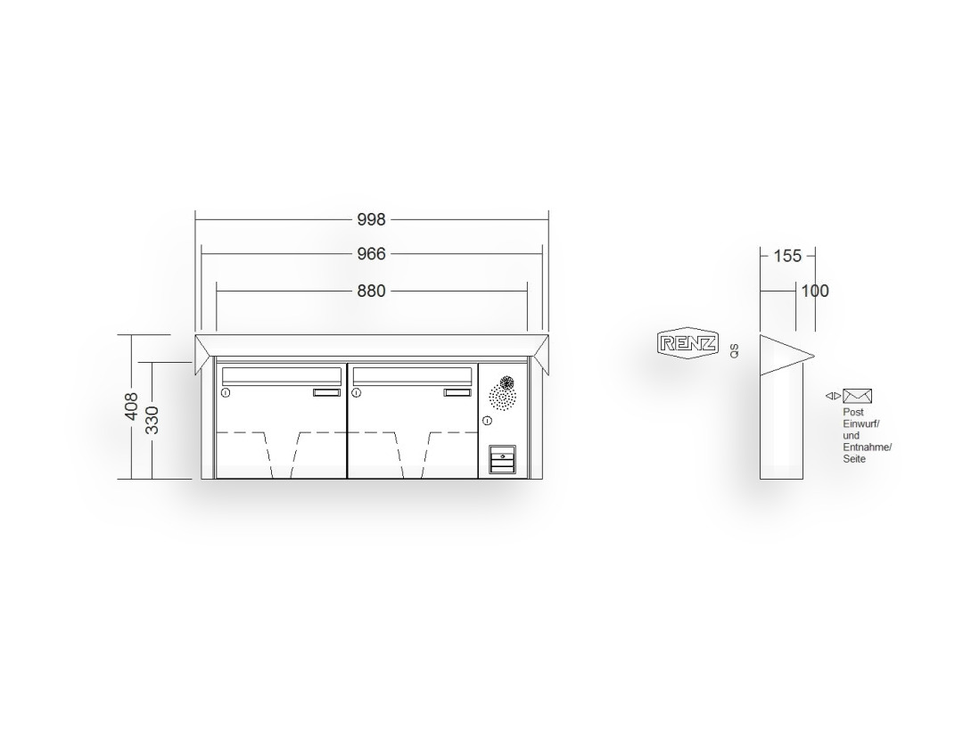 RENZ Briefkastenanlage Aufputz · 2-teilig Installationskasten rechts 370 × 330 × 100 mm Prisma lackiert RENZ Briefkastenanlage Aufputz · 2-teilig Installationskasten rechts 370 × 330 × 100 mm Prisma lackiert