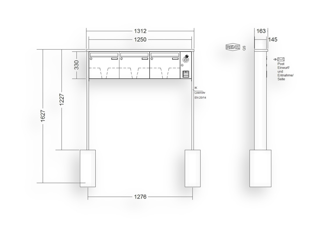 RENZ Briefkastenanlage freistehend · 3-teilig Installationskasten rechts 370 × 330 × 145 mm Tetro lackiert RENZ Briefkastenanlage freistehend · 3-teilig Installationskasten rechts 370 × 330 × 145 mm Tetro lackiert